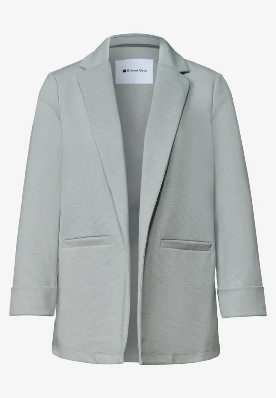 Hellgrauer, minimalistischer Blazer mit offenem Schnitt und schmalem Revers.