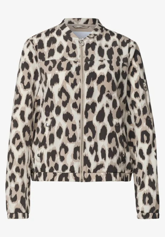 Veste bomber légère beige à motif léopard et fermeture éclair.