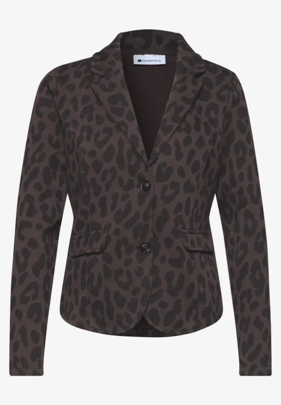 Damenblazer mit braun-schwarzem Leopardenmuster, taillierter Schnitt, zwei Knöpfe und Pattentaschen.