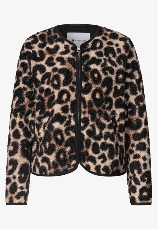 Leopardenmuster-Jacke mit Rundhalsausschnitt und kontrastierenden Kanten.