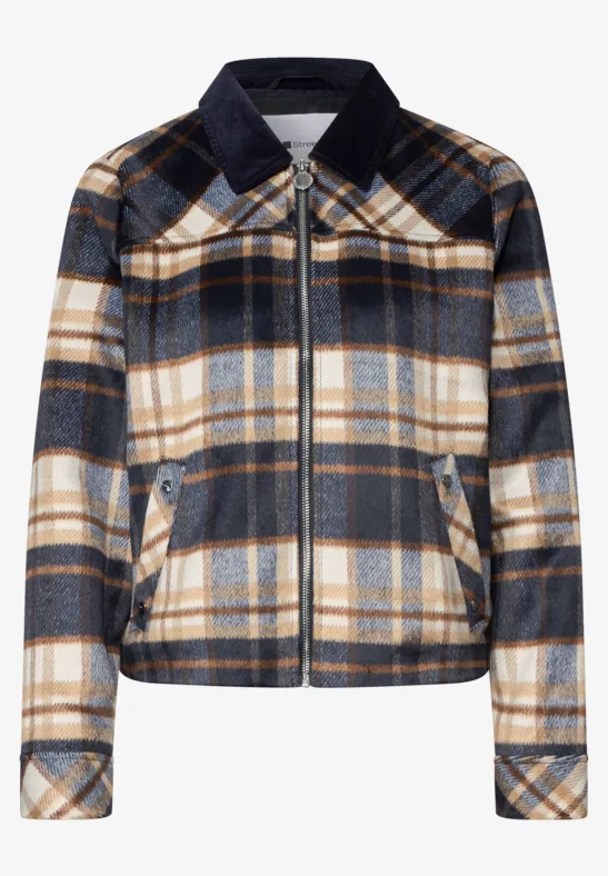 Kurz geschnittene Karojacke in Beige, Marine und Weiß mit Reißverschluss und Brustklappen