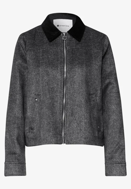 Grau melierte Jacke mit Reißverschluss und schwarzem Kragen.