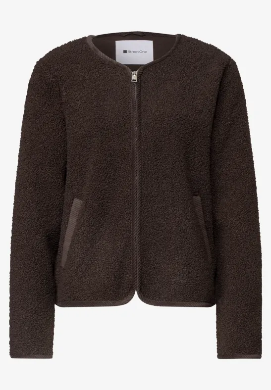Dunkelbraune Teddy-Fleecejacke mit Reißverschluss und Taschen, gemütlich und weich.