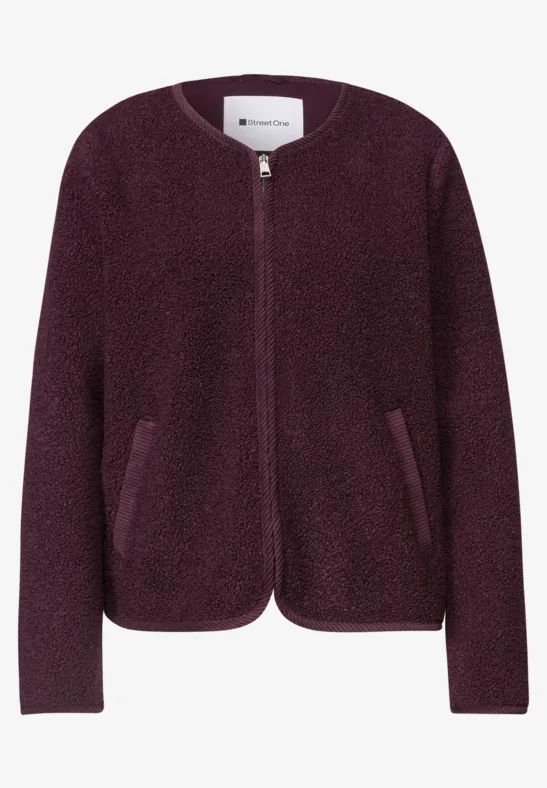 Leichte, plumfarbene Teddy-Fleecejacke mit Reißverschluss und seitlichen Taschen