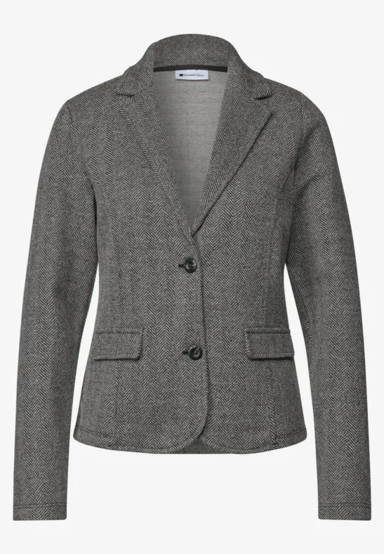 Grauer taillierter Damenblazer mit Notch-Kragen, zwei Knöpfen und aufgesetzten Taschen.