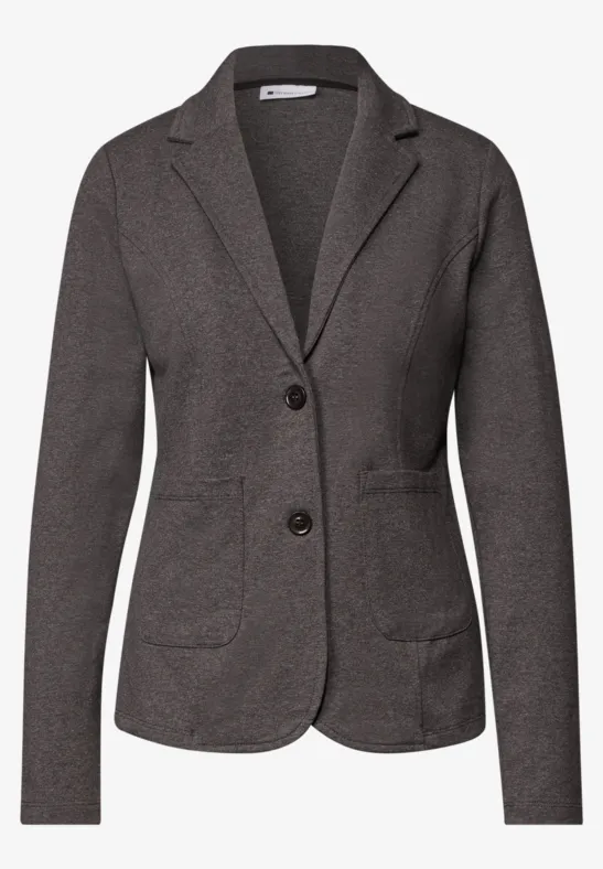 Damen-Blazer in Dunkelgrau mit Reverskragen, zwei Knöpfen und aufgesetzten Taschen.