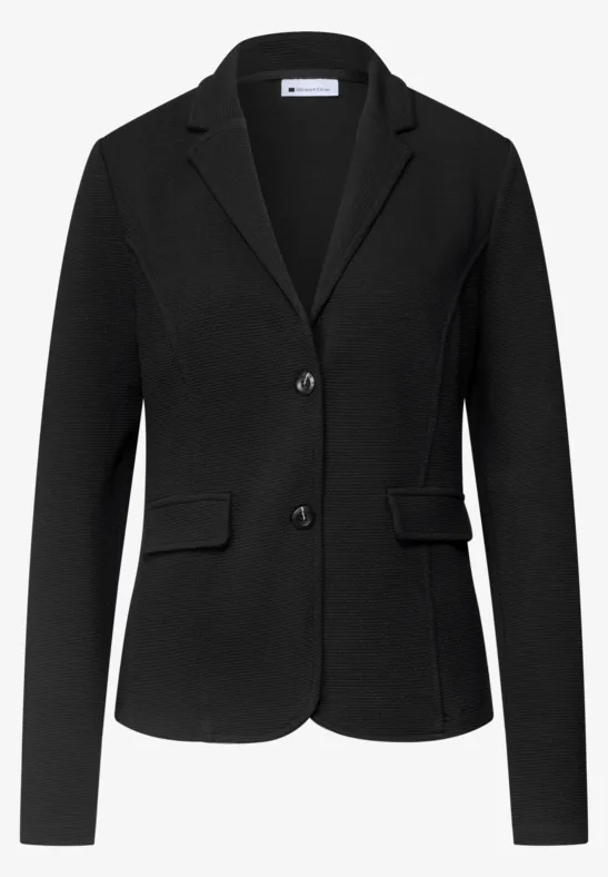 Schwarzer Damen-Blazer mit Reverskragen und Knopfleiste.