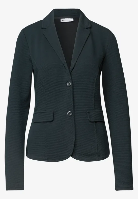 Schwarzer Damenblazer mit Revers, zwei Knöpfen und aufgesetzten Taschen.