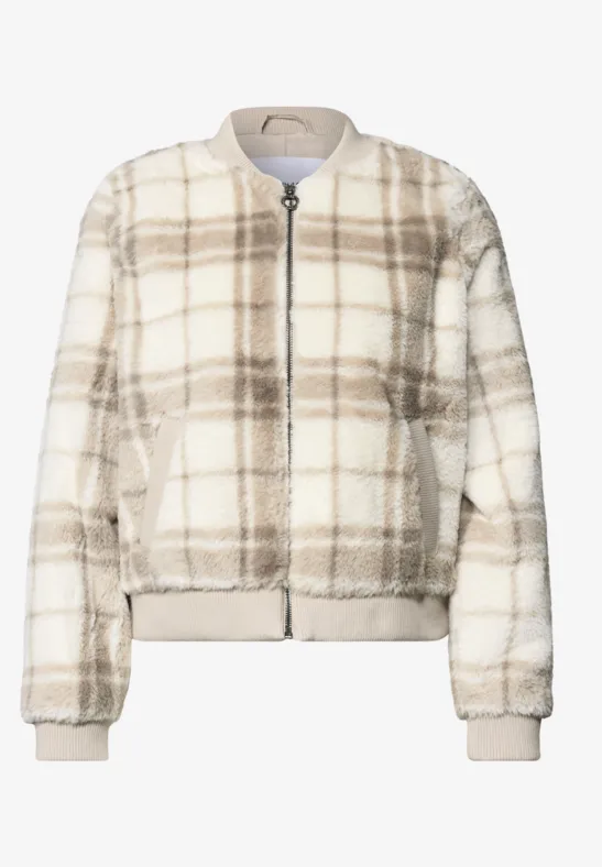 Veste teddy poudrée à carreaux clairs, fermeture zippée et bords-côtes.