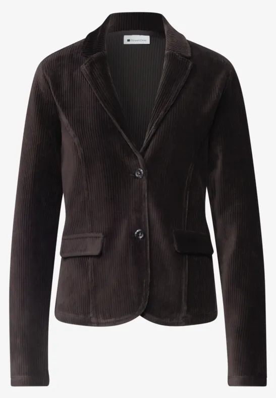 Donkerbruine damesblazer met reverskraag, twee knopen en opgestikte klepzakken.