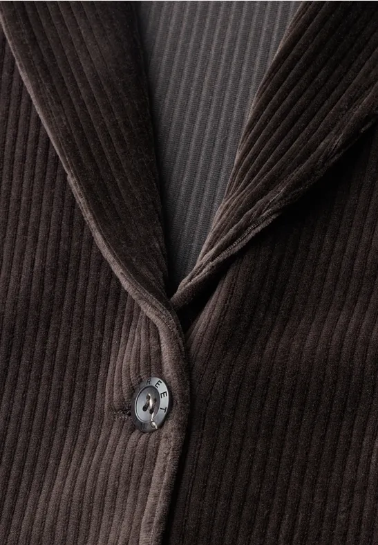 Donkerbruine corduroy blazer met fijne ribbels en knoopsluiting.