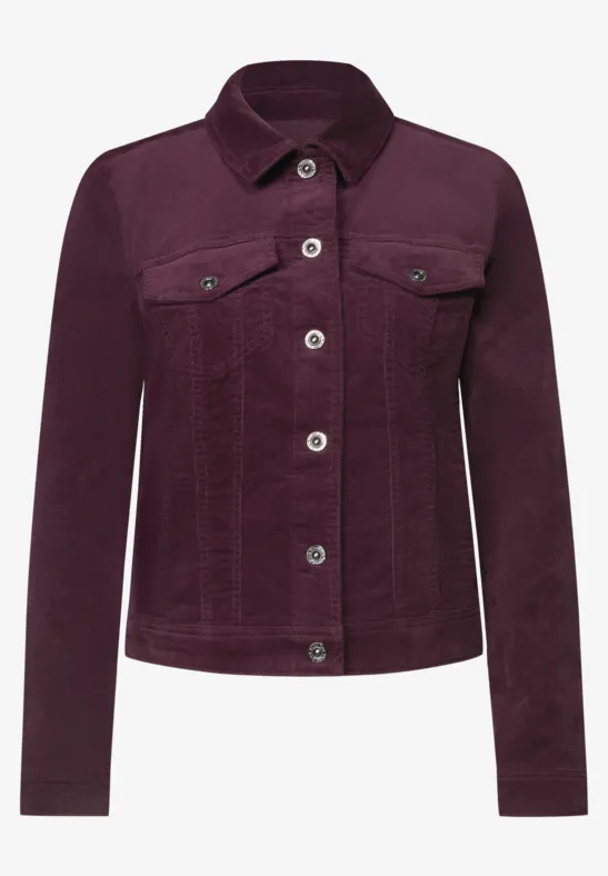 Dunkelviolette Jeansjacke mit Knopfleiste und Brusttaschen.