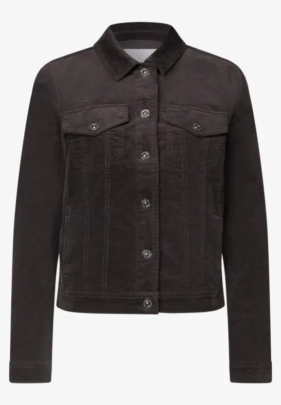 Veste en jean noire, coupe droite, boutons métalliques et poches poitrine.