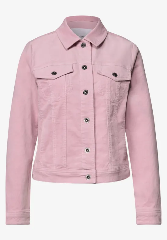 Veste en jean rose avec col, boutonnage et poches poitrine.