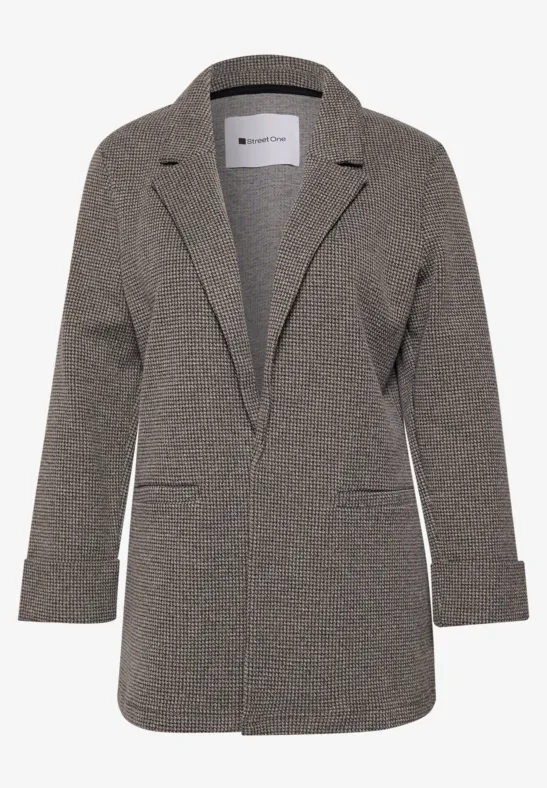 Grauer Blazer aus feinem Stoff mit Reverskragen, langen Ärmeln und aufgesetzten Taschen.