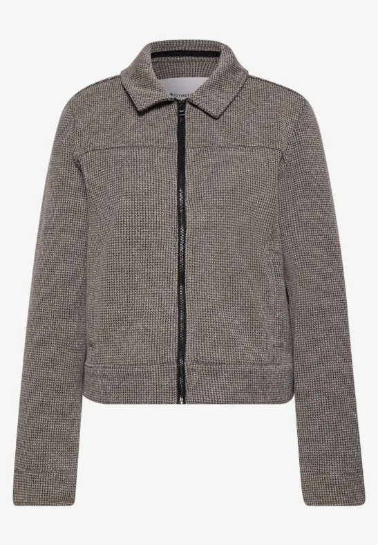 Graue Fleecejacke mit Reißverschluss und Hemdkragen.