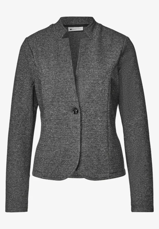 Ein taillierter, dunkelgrauer Blazer mit einem Knopfverschluss und klassischem Schnitt.