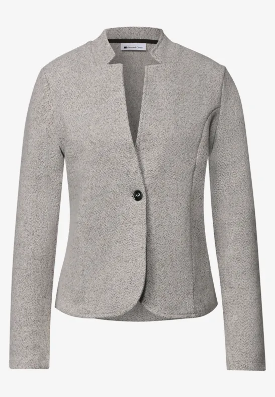 Grauer taillierter Damen-Blazer mit Ein-Knopf-Verschluss und modernem Reverskragen.