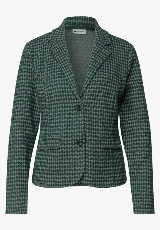 Veste femme verte à motif pied-de-poule, coupe cintrée, col à revers et deux boutons.