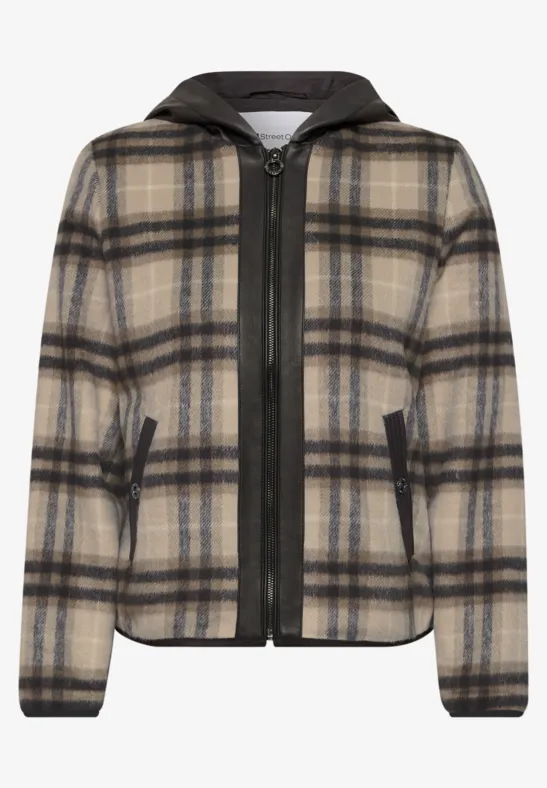 Kapuzenjacke mit Reißverschluss und kariertem Muster in Beige, Braun und Schwarz