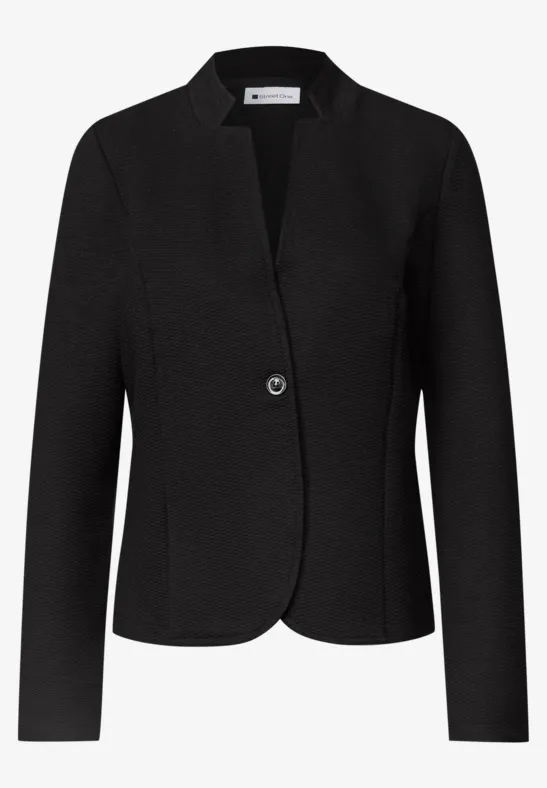 Schwarzer Damenblazer mit V-Ausschnitt und Ein-Knopf-Verschluss.