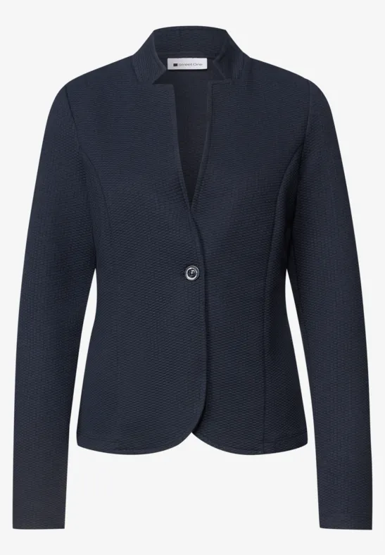 Eleganter dunkelblauer Damenblazer mit langem Schnitt und Ein-Knopf-Verschluss