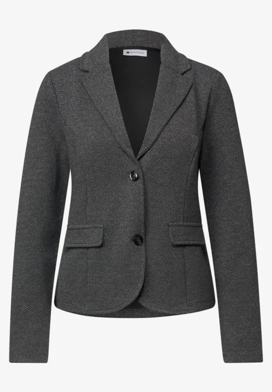 Grauer Damenblazer mit Reverskragen, zwei Knöpfen und Klappentaschen