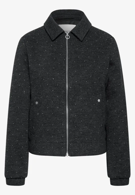 Dunkelgraue melierte Jacke mit Reißverschluss, Kentkragen und seitlichen Taschen