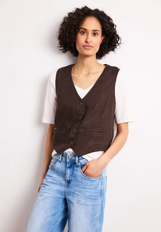 Weste mit V-Neck und Knöpfen aus Leinen espresso brown