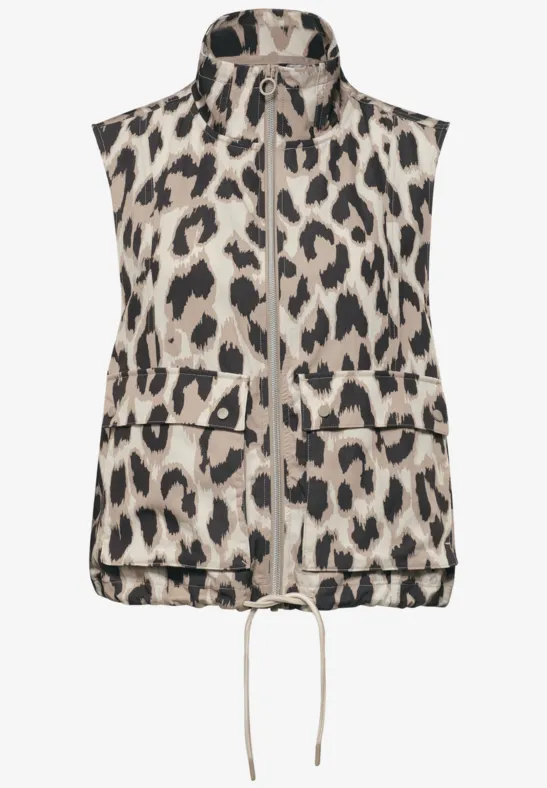 Veste sans manches à imprimé léopard, fermeture éclair, cordon de serrage et poches plaquées.