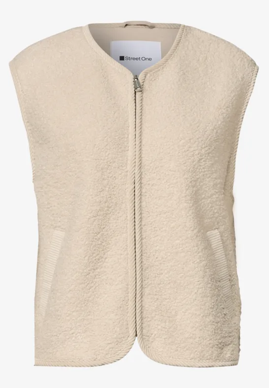 Ärmellose, cremefarbene Fleece-Weste mit Rundhalsausschnitt und Reißverschluss