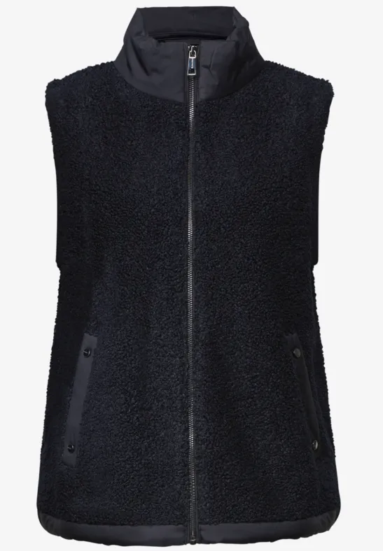 Zwarte fleecebodywarmer met opstaande kraag, ritssluiting en twee zijzakken