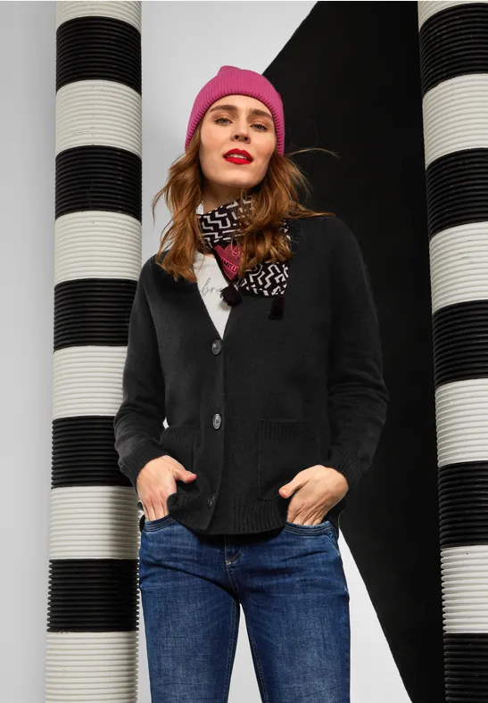Street One Cardigan Aperto Donna: Nero, Maglia Morbida, Maniche Lunghe, Tasche, Taglia 44
