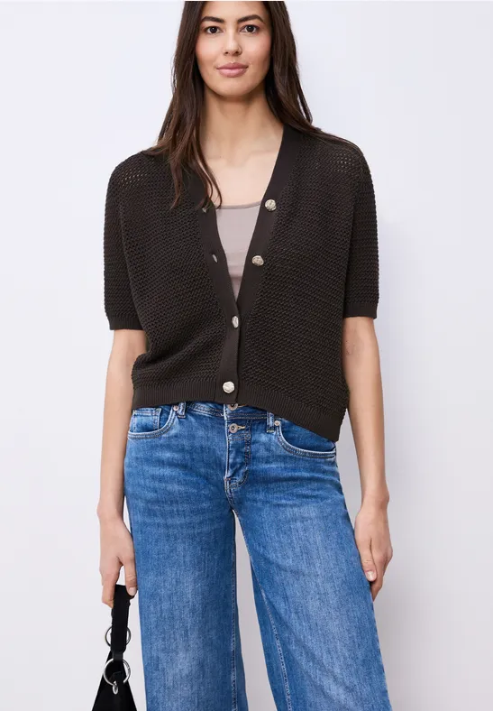 Vest met korte mouwen, V-hals en structuur espresso brown