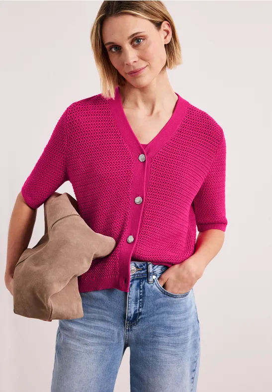 Kurzarm Cardigan mit V-Neck und Struktur magenta dream