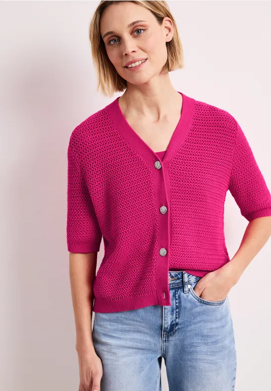 Kurzarm Cardigan mit V-Neck und Struktur magenta dream