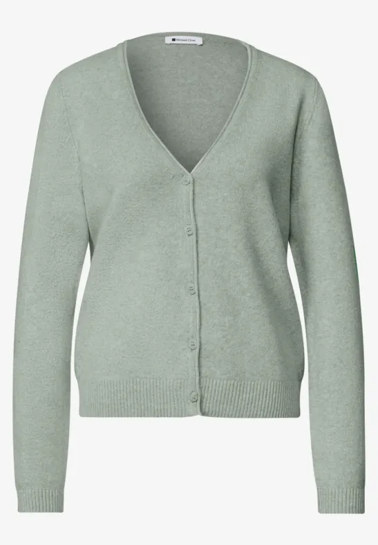 Damen Strick-Cardigan in heller Salbeigrün, V-Ausschnitt, Knopfleiste und lange Ärmel.