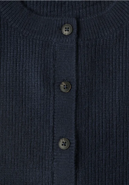 Dunkelblauer Strickcardigan mit durchgehender Knopfleiste und runden Knöpfen