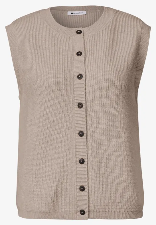 Beige, ärmelloses Strickweste mit rundem Halsausschnitt und durchgehender Knopfleiste.