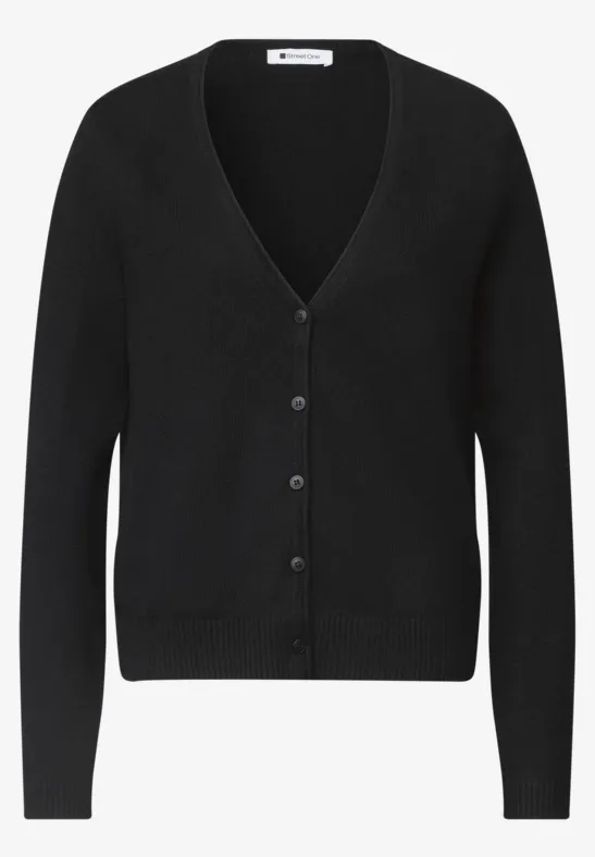 Schwarzer Strickcardigan mit V-Ausschnitt und Knopfleiste.