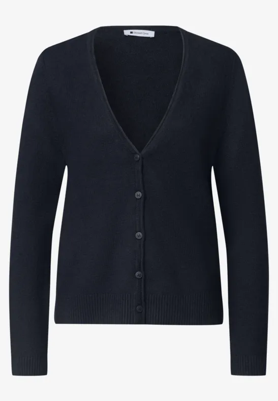 Cardigan basique bleu foncé à col V et boutons.