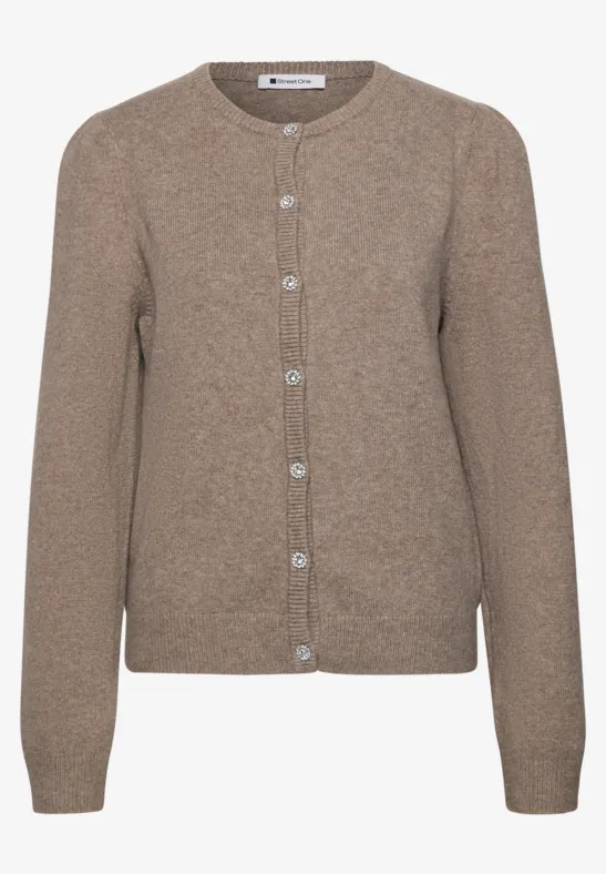 Lichtbruine geribbelde cardigan met ronde hals, lange mouwen en knoopsluiting.