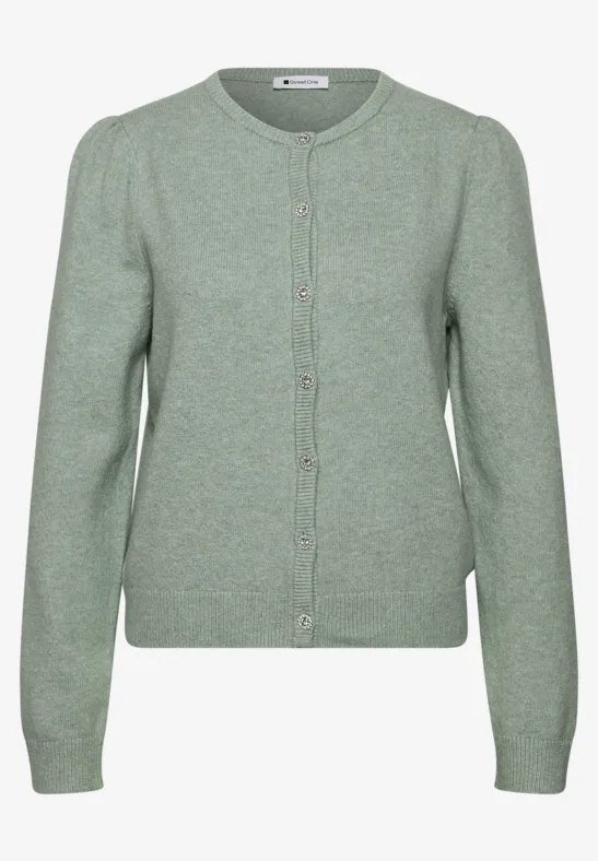 Hellgrüne, lange Strickjacke mit Rundhalsausschnitt und Knopfleiste.