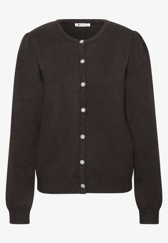 Anthrazitgraue Strickjacke mit Rundhals und Perlmuttknöpfen.