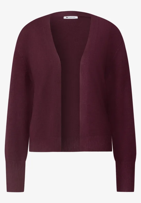 Weinroter, langärmliger Strick-Cardigan mit offenem Design und feinem Rippstrickmuster.