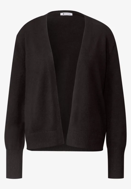 Schwarze, offene Strickjacke mit V-Ausschnitt, langen Ärmeln und gerippten Bündchen.
