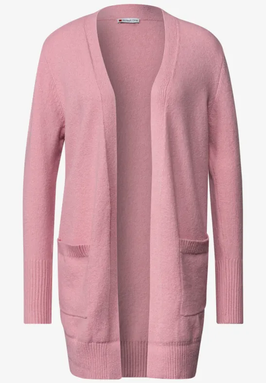 Lang geschnittener, rosafarbener Cardigan mit offenem Schnitt und aufgesetzten Taschen.