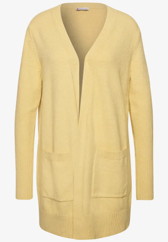 Gelber, offener Strick-Cardigan mit langen Ärmeln und Taschen.