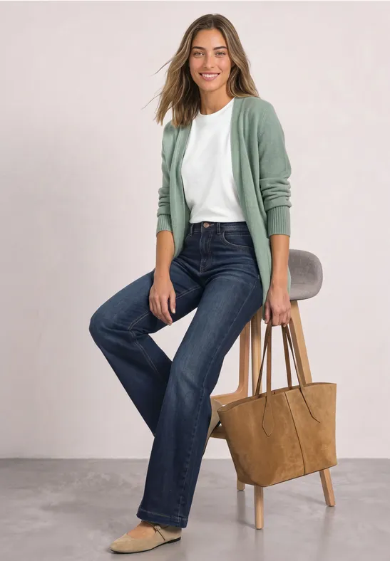 Lächelnde Frau in Jeans, weißem T-Shirt und grünem Cardigan mit brauner Tasche sitzt auf einem Hocker.