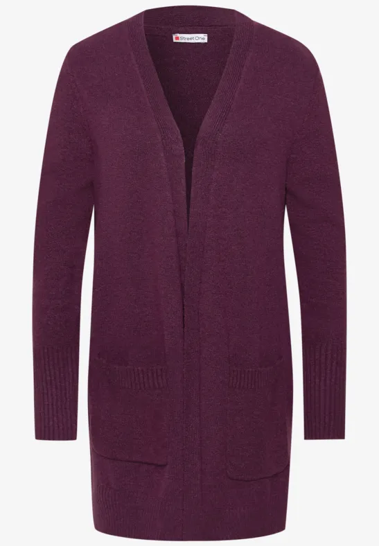 Lila, lange, offene Strickjacke mit langen Ärmeln und Taschen.